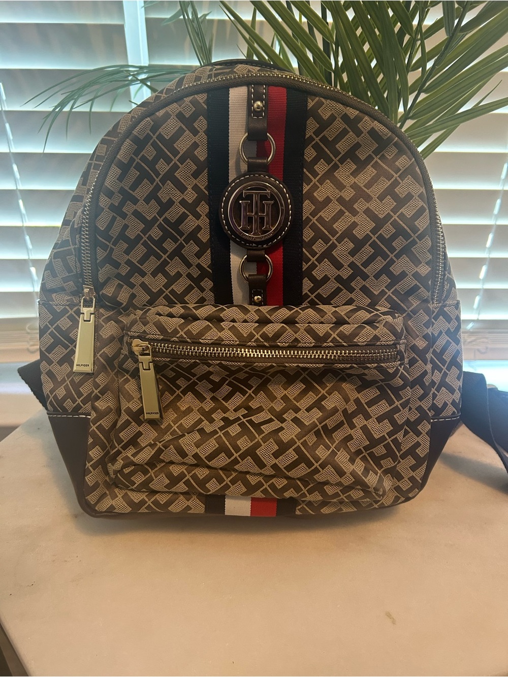 Tommy Hilfiger Brown/Beige Signature Monogram Backpack with Tricolor Stripe
